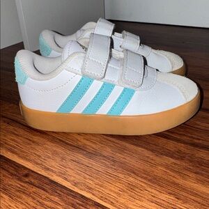 Kids White and Blue Adidas Court Sneakers